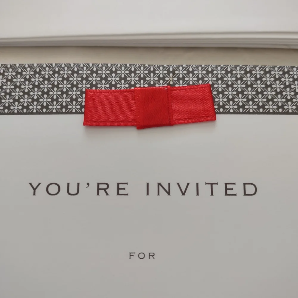 Decorative black white lace print red bow You're Invited cards
